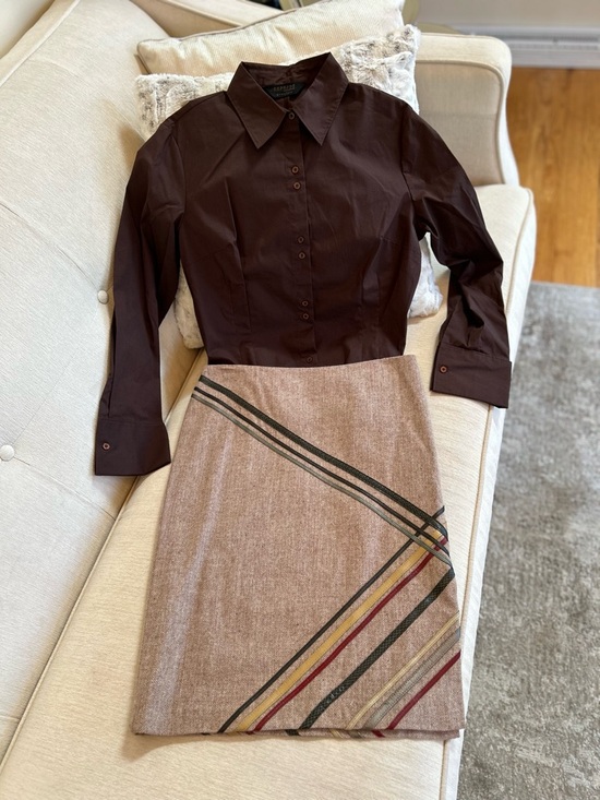 Express Dresses & Skirts - Express Brown Pencil Skirt with Diagonal Stripe Accents & Brown Buttons Down Top